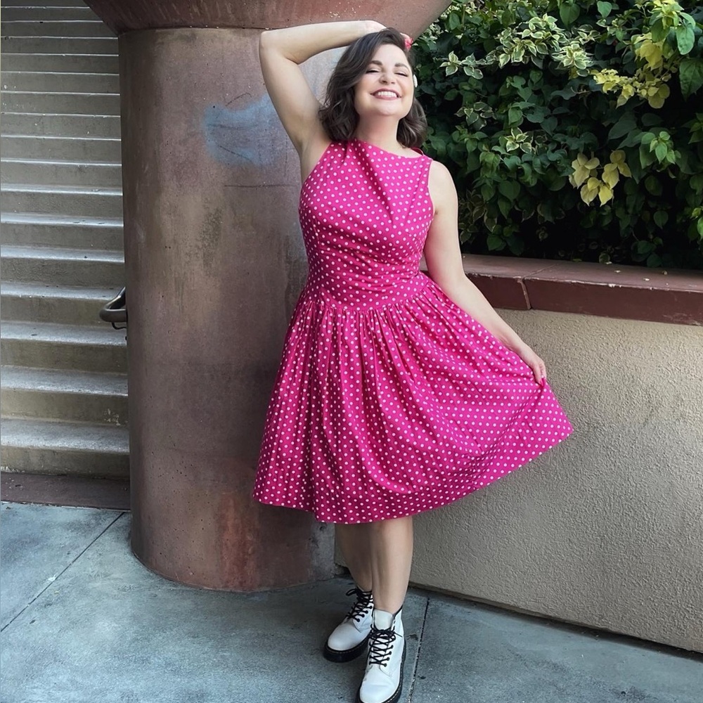 Tracy & Michael Barbie Pink Retro Drop Waist Polka Dot Midi Dress 8 - Picture 13 of 13